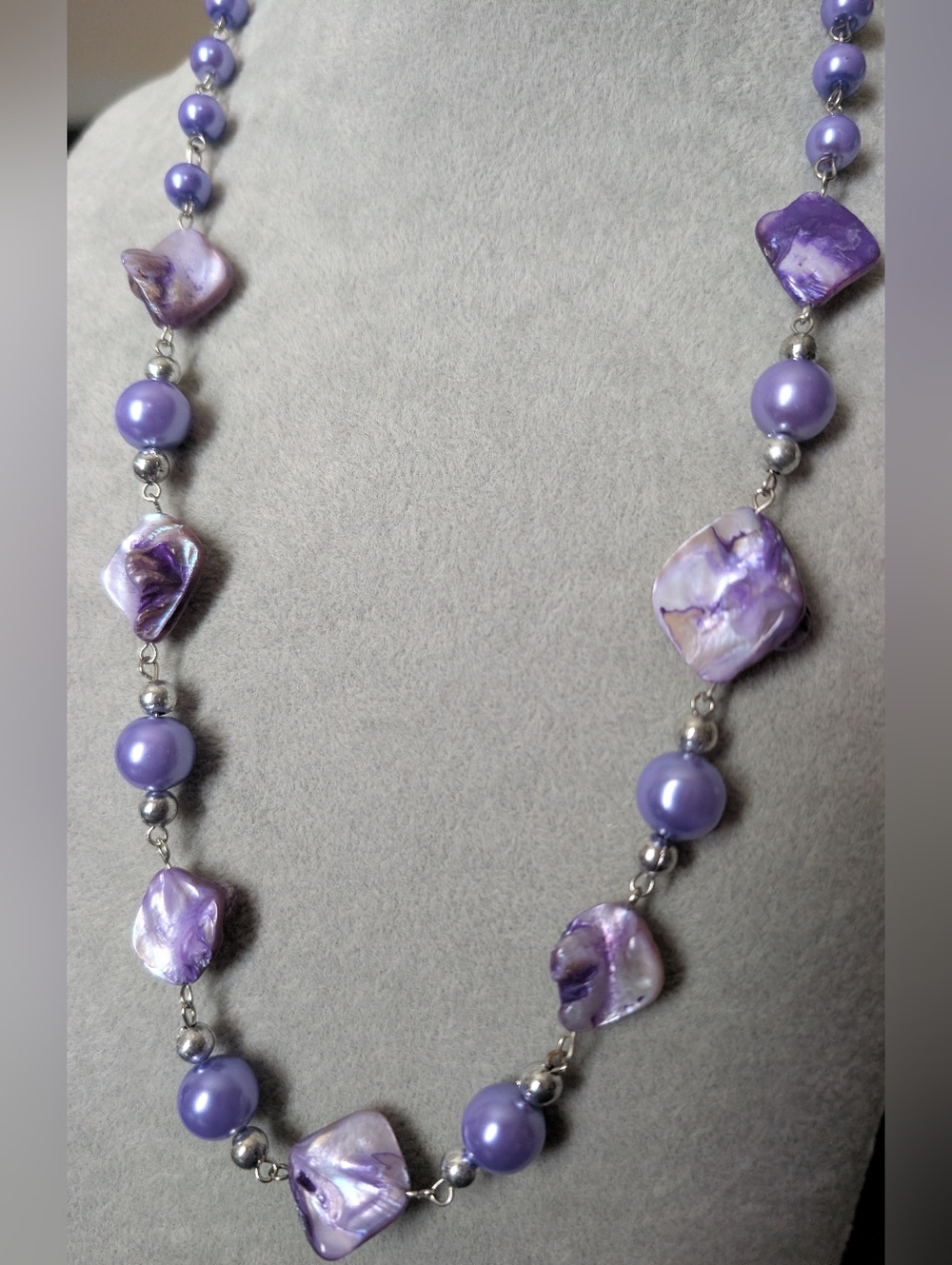 Purple Shell & Faux Pearl Necklace 22"  Silver Tone